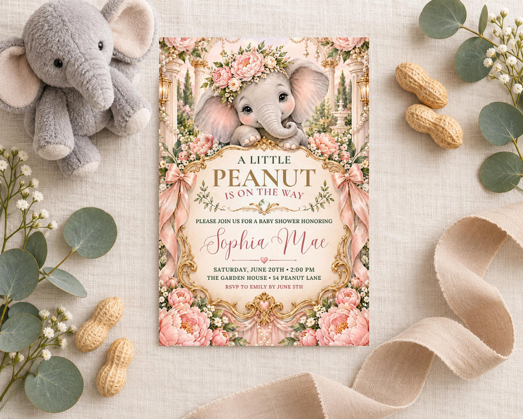 a baby shower invitation with a cute elephant design, surrounded by various baby-related items such as a stuffed elephant, peanuts, and greenery.
