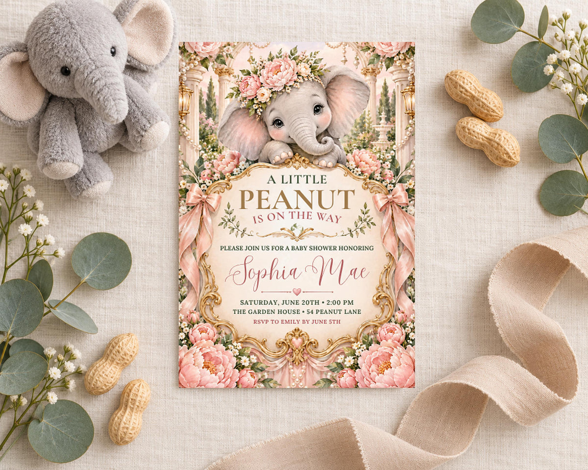 a baby shower invitation with a cute elephant design, surrounded by various baby-related items such as a stuffed elephant, peanuts, and greenery.
