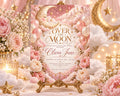 The image is a pink and gold invitation for a baby shower, featuring a moon and star theme with pink and white flowers, balloons, and a crescent moon.