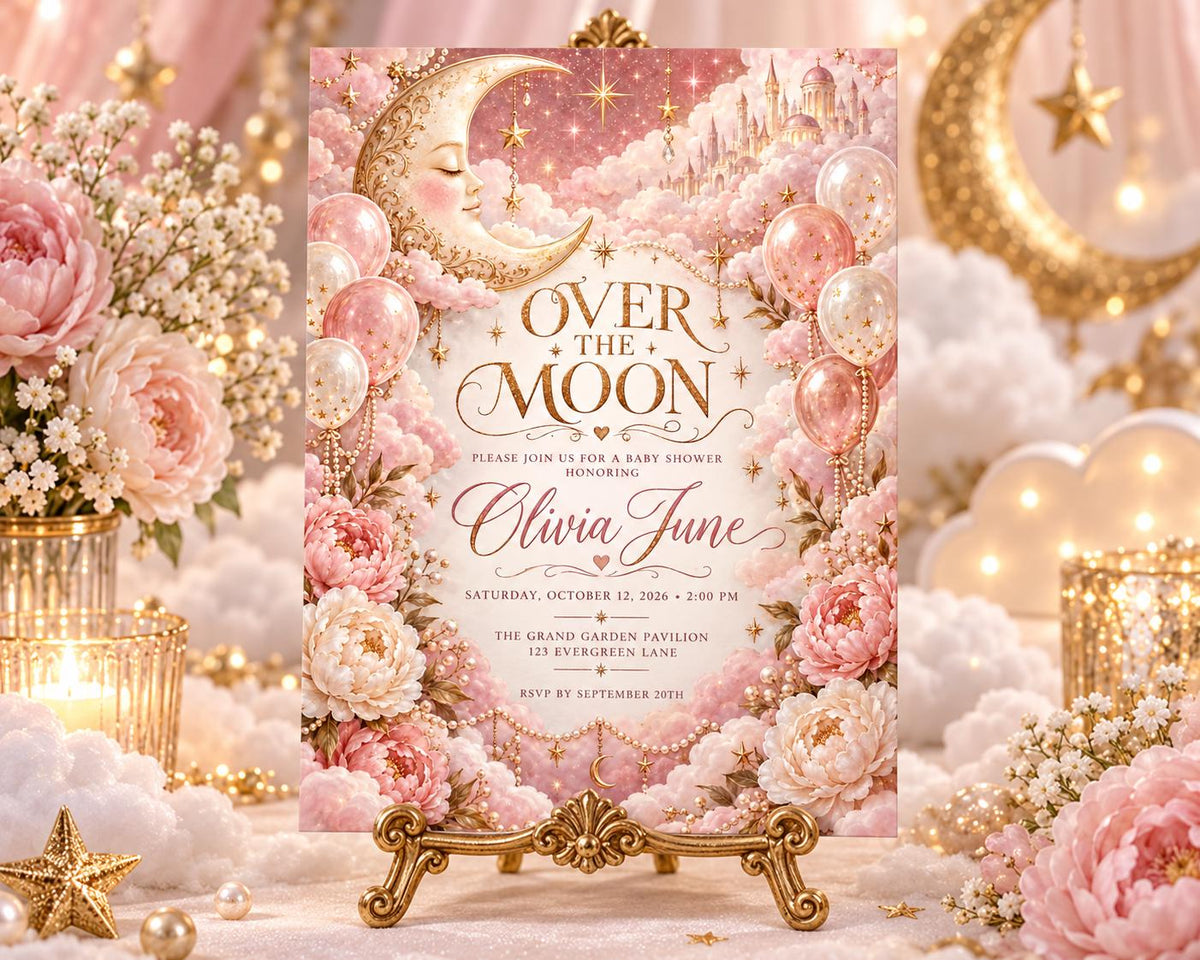 The image is a pink and gold invitation for a baby shower, featuring a moon and star theme with pink and white flowers, balloons, and a crescent moon.