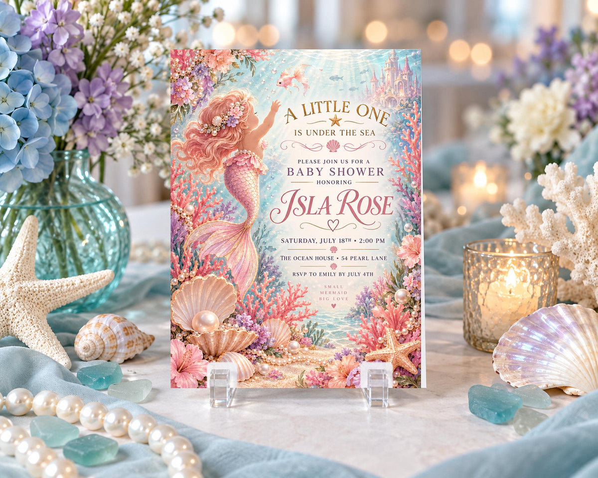 A mermaid-themed baby shower invitation featuring a mermaid, seashells, and flowers, with a candle and seashells on a table.