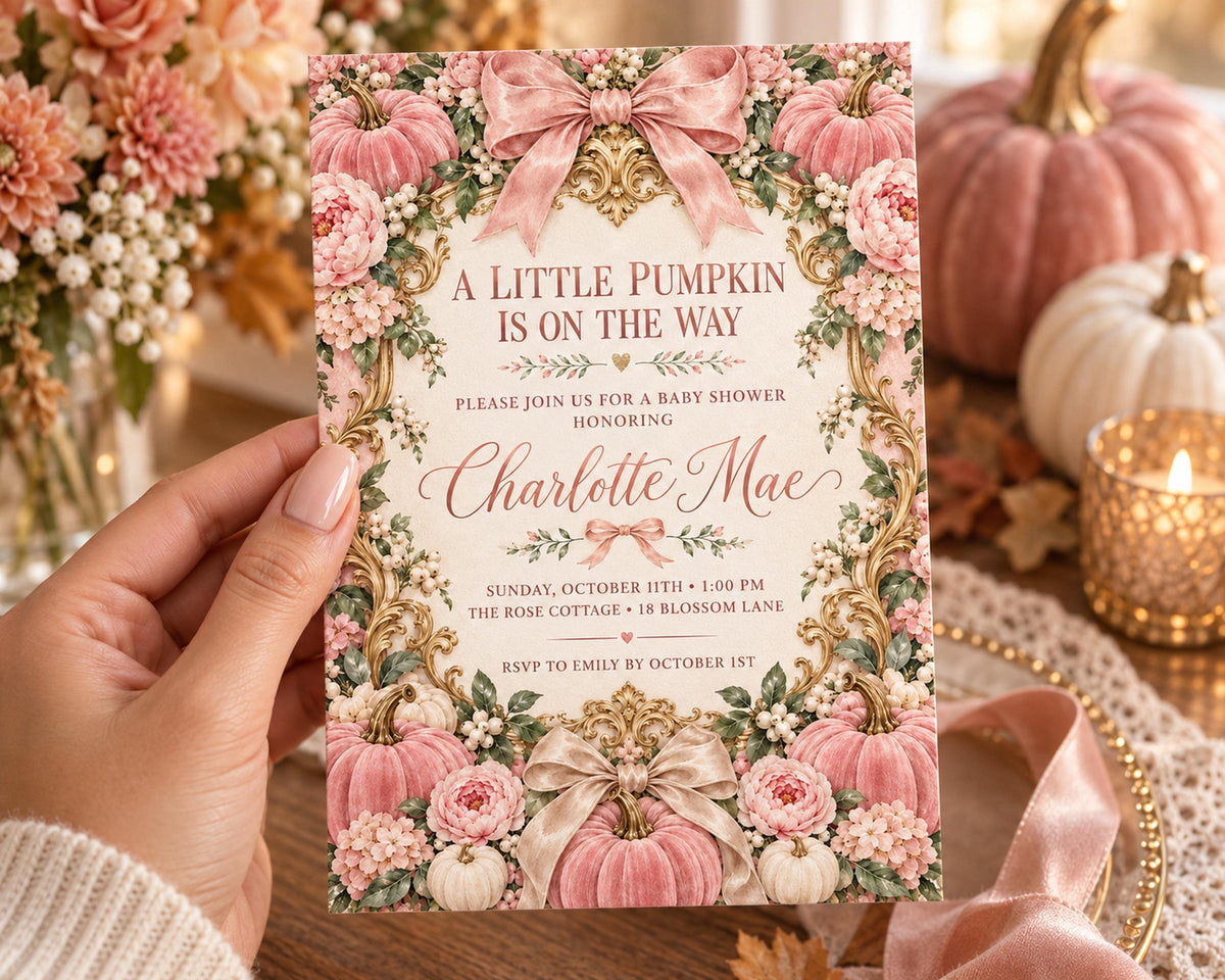 A hand holding a pink and white floral baby shower invitation card with a pumpkin design.