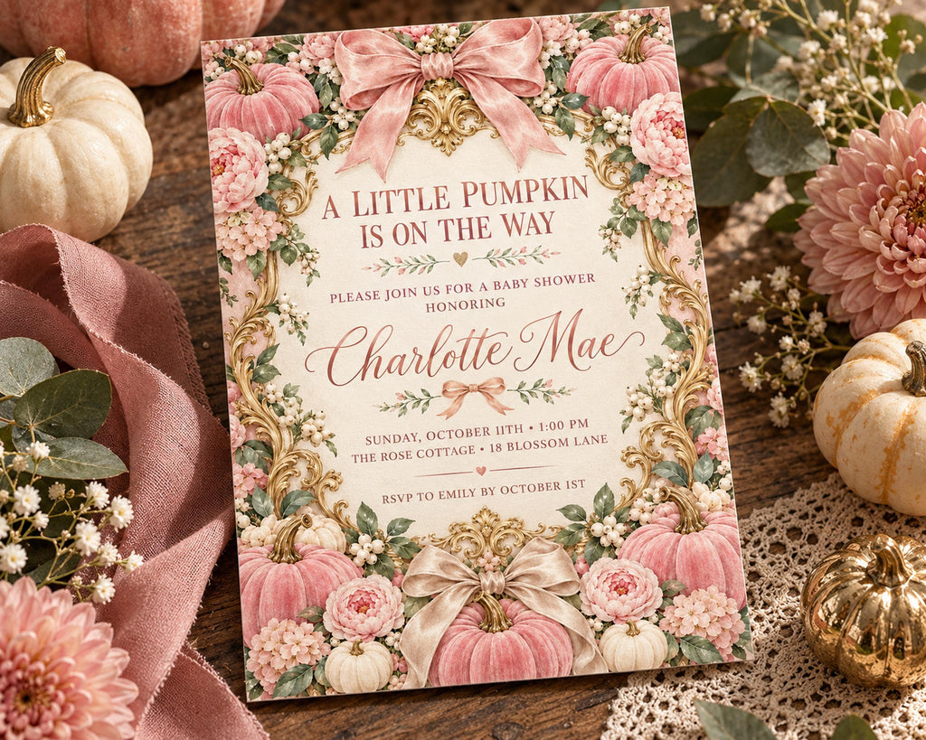 a pink and white baby shower invitation for a baby named Charlotte Mae, with a floral design and a ribbon bow.