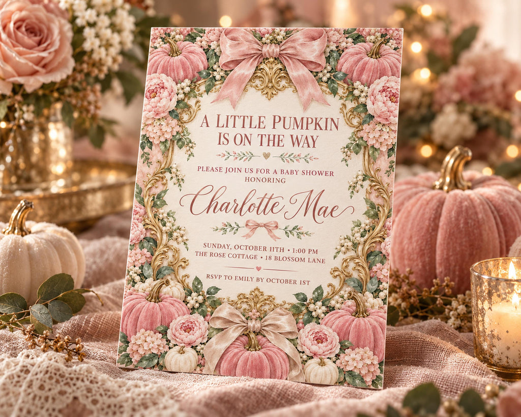A pink and white baby shower invitation with a floral design, featuring a pumpkin and flowers, placed on a table with other decorative items.