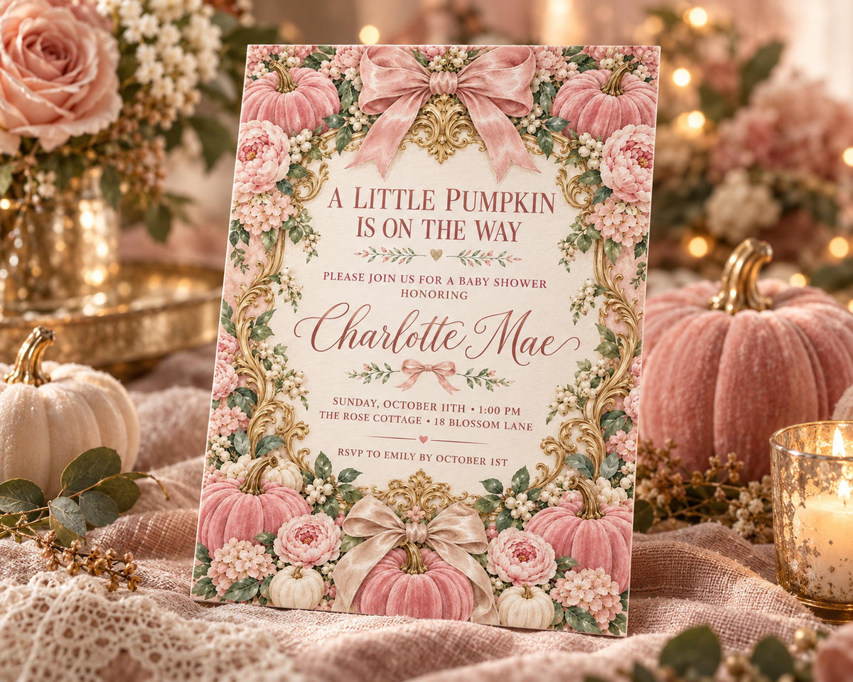 A pink and white baby shower invitation with a floral design, featuring a pumpkin and flowers, placed on a table with other decorative items.