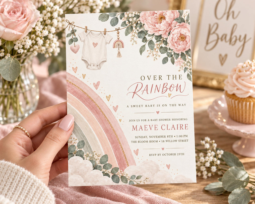 A hand holding a baby shower invitation with a pink and white color scheme, featuring illustrations of a baby, flowers, and a rainbow.