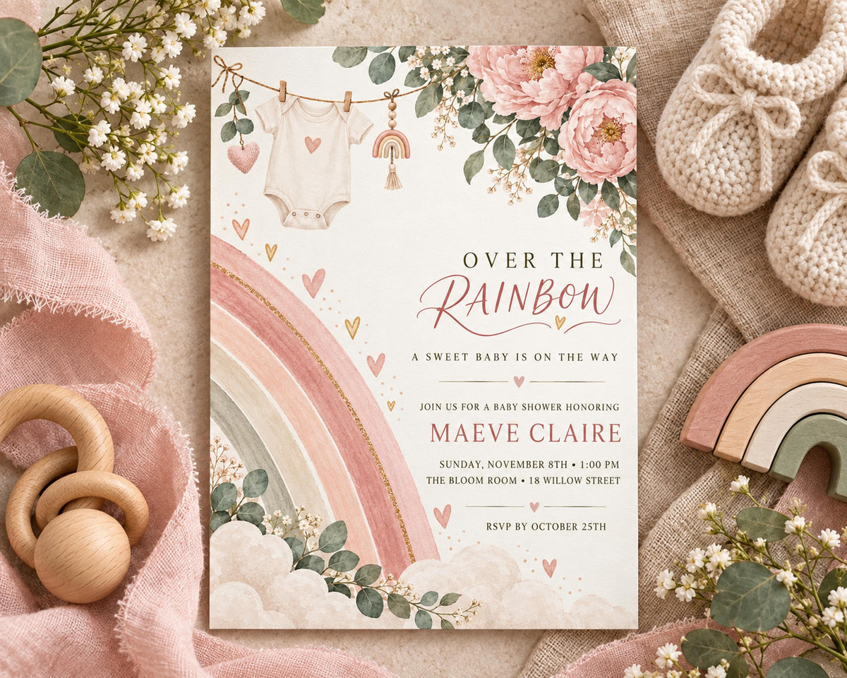 The image is a baby shower invitation featuring a pink and white color scheme with a rainbow theme. The invitation includes details about a sweet baby shower, the name Maeve Claire, and the date and time of the event. The invitation is surrounded by baby-related items such as a pair of baby booties, a wooden toy, and a bouquet of flowers.