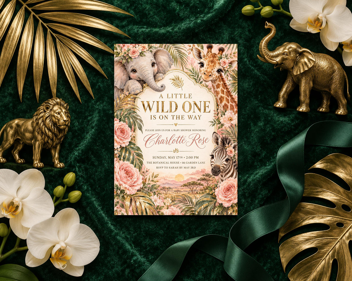 a baby shower invitation with a jungle theme, surrounded by various decorative elements such as a gold leaf, a gold lion, a gold elephant, and white orchids.