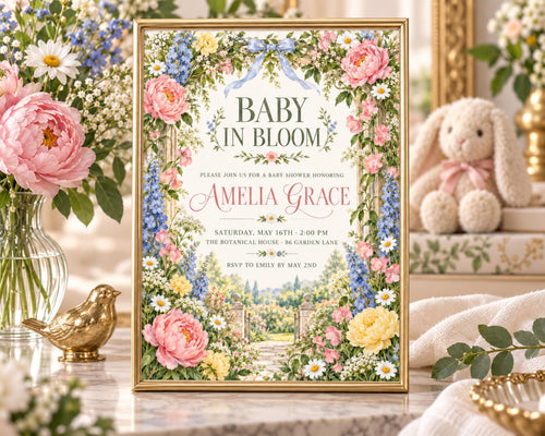 The image is a framed baby shower invitation featuring a garden scene with pink and yellow flowers, surrounded by a decorative border.