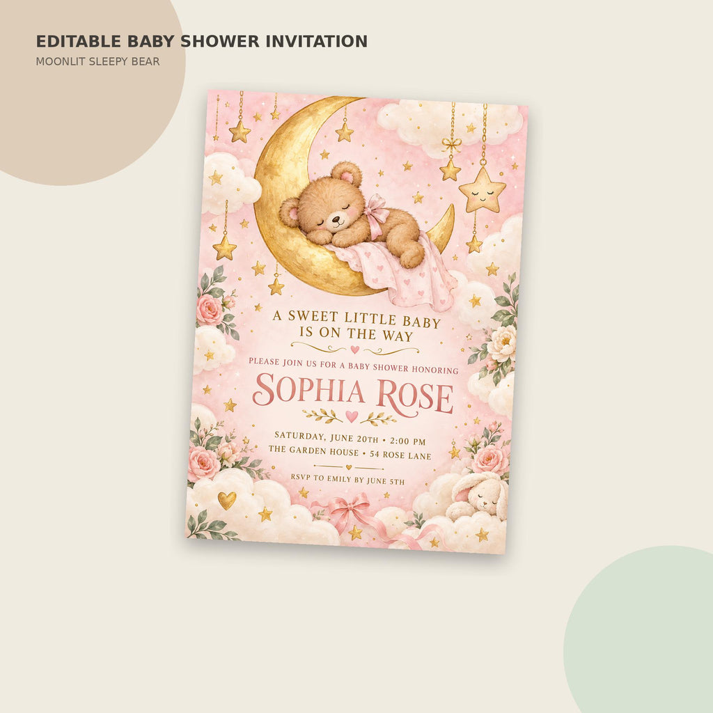 The image is a baby shower invitation featuring a cute teddy bear on a crescent moon and stars, along with a pink and white color scheme.