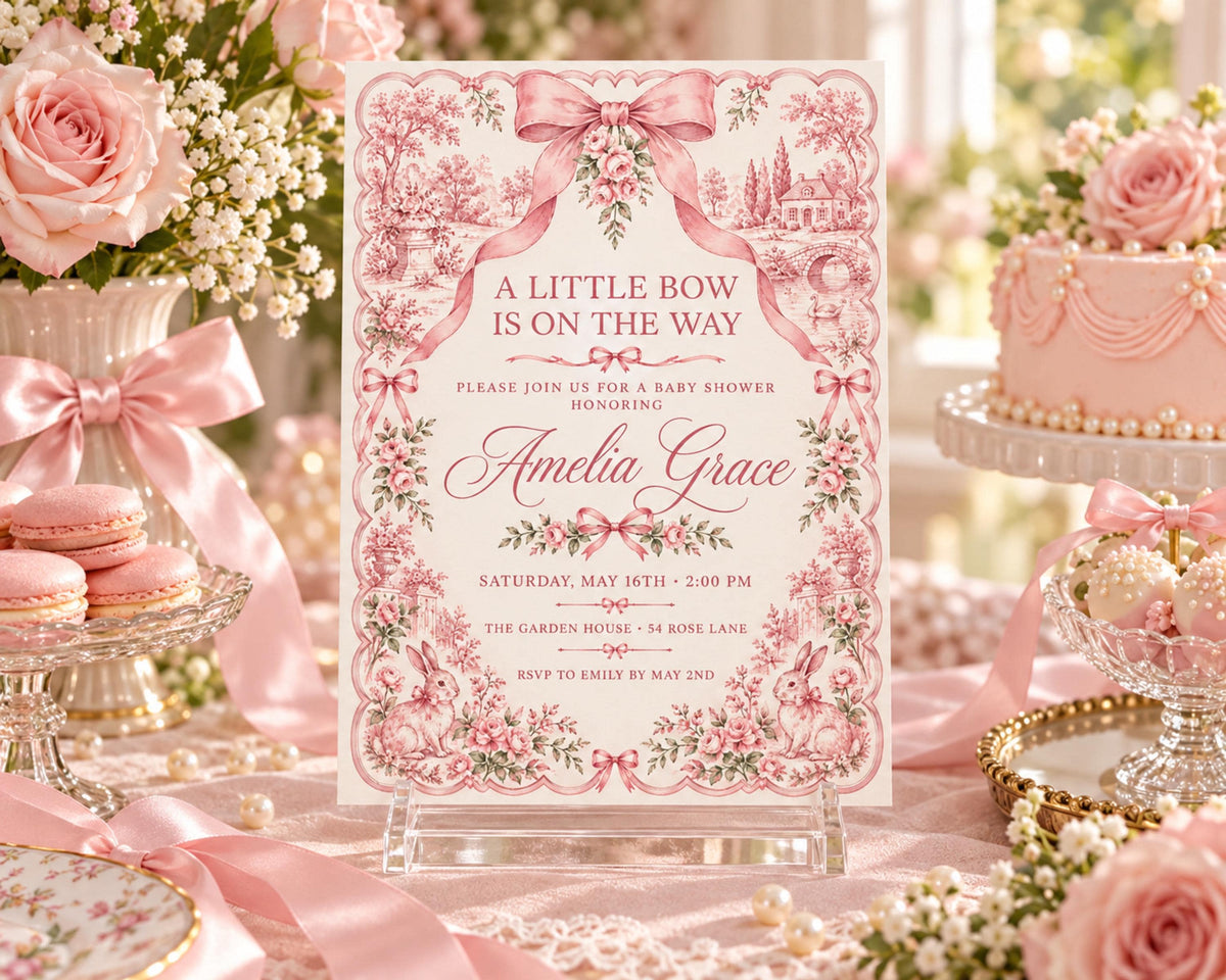 The image is a pink and white baby shower invitation featuring a floral design, surrounded by pink and white decorations, including a cake and flowers.