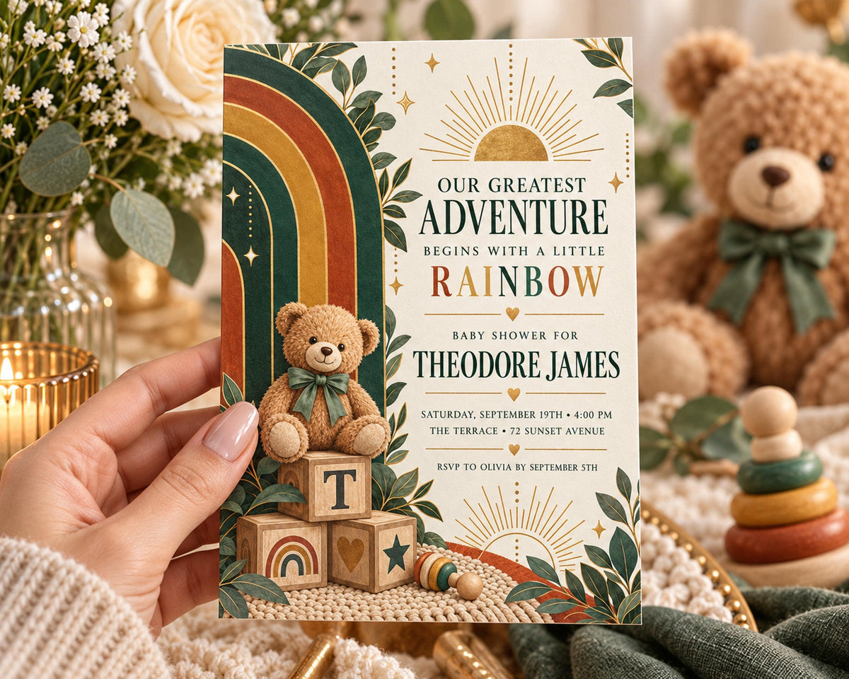 A hand holding a baby shower invitation featuring a teddy bear and a rainbow, with a teddy bear visible in the background.
