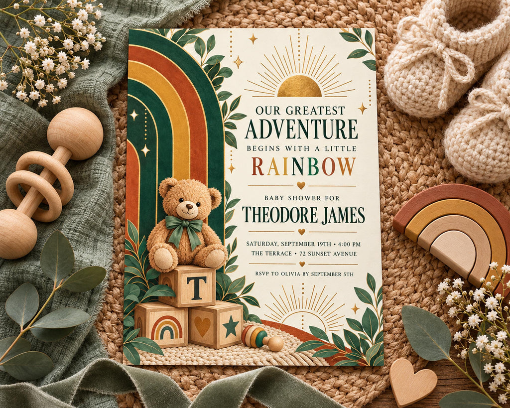 The image is a baby shower invitation featuring a teddy bear, wooden blocks, and baby booties, along with other baby-related items such as a rattle and a wooden toy.