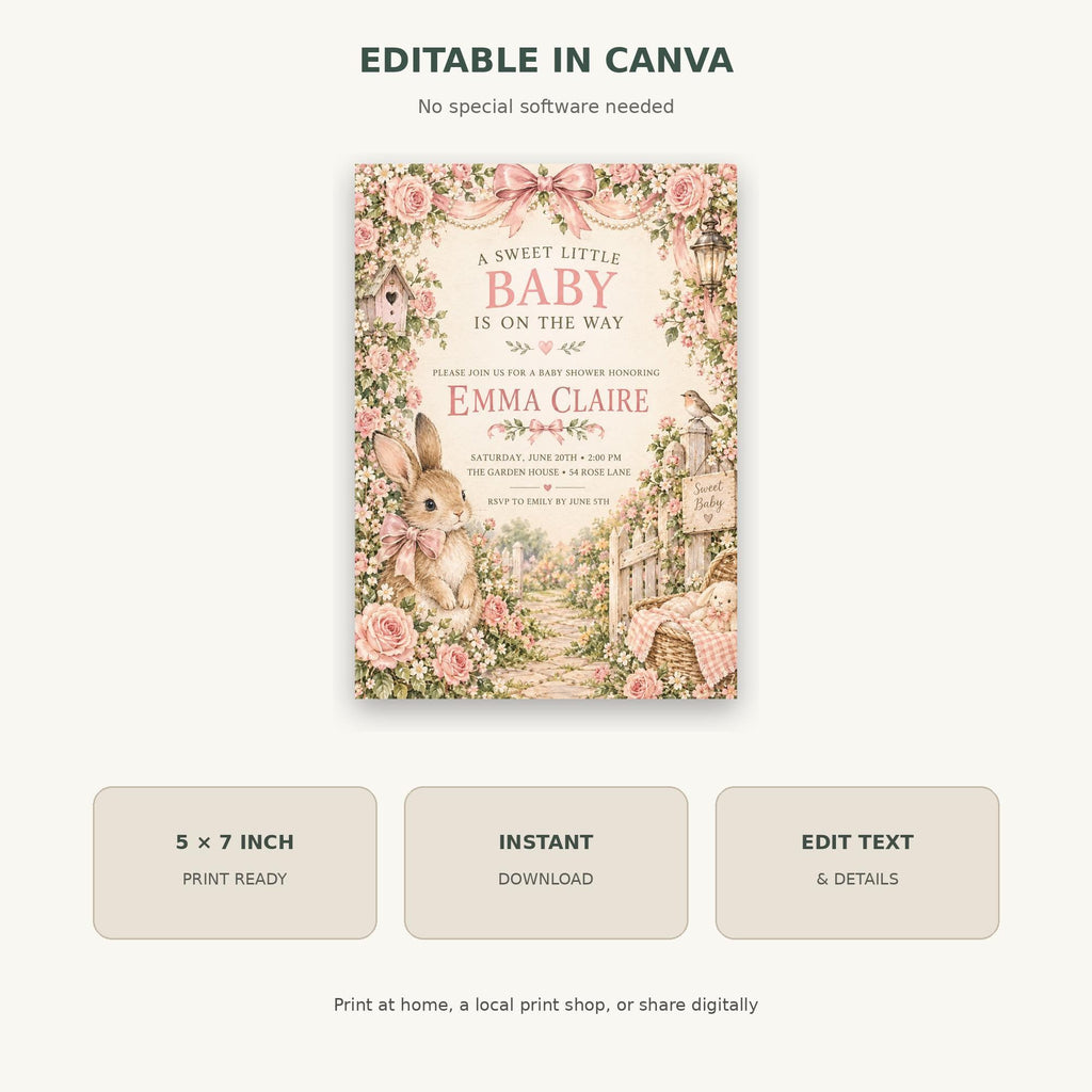 The image is a pink and white invitation card for a baby shower, featuring illustrations of rabbits and flowers.