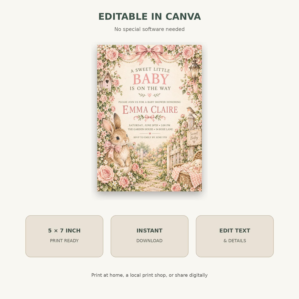 The image is a pink and white invitation card for a baby shower, featuring illustrations of rabbits and flowers.