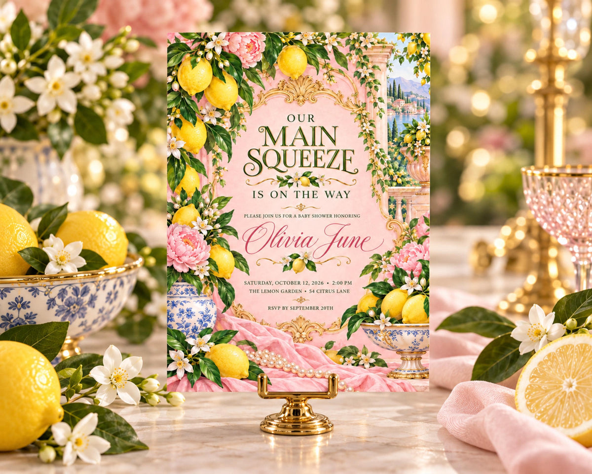 a pink and white floral invitation card with a lemon and flower design, placed on a table surrounded by flowers and a glass of wine.