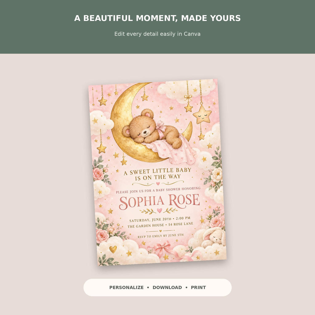 The image is a pink and white baby shower invitation featuring a teddy bear on a crescent moon and stars, along with a sweet little baby theme.