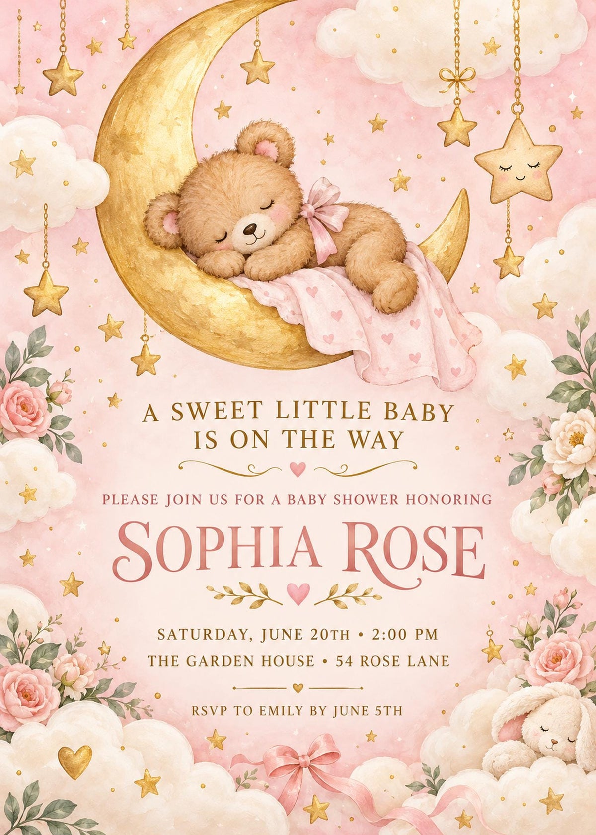 A baby shower invitation featuring a cute teddy bear sleeping on a crescent moon, surrounded by stars, clouds, and flowers in a pink and gold color scheme.
