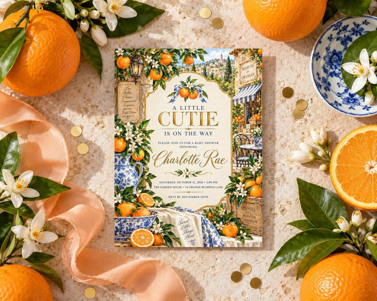 a baby shower invitation with a charming illustration of a market scene, surrounded by oranges, flowers, and a decorative ribbon.