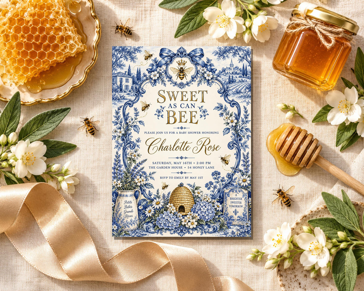 a blue and white invitation card with a honeycomb design, surrounded by honey, flowers, and a honey dipper.