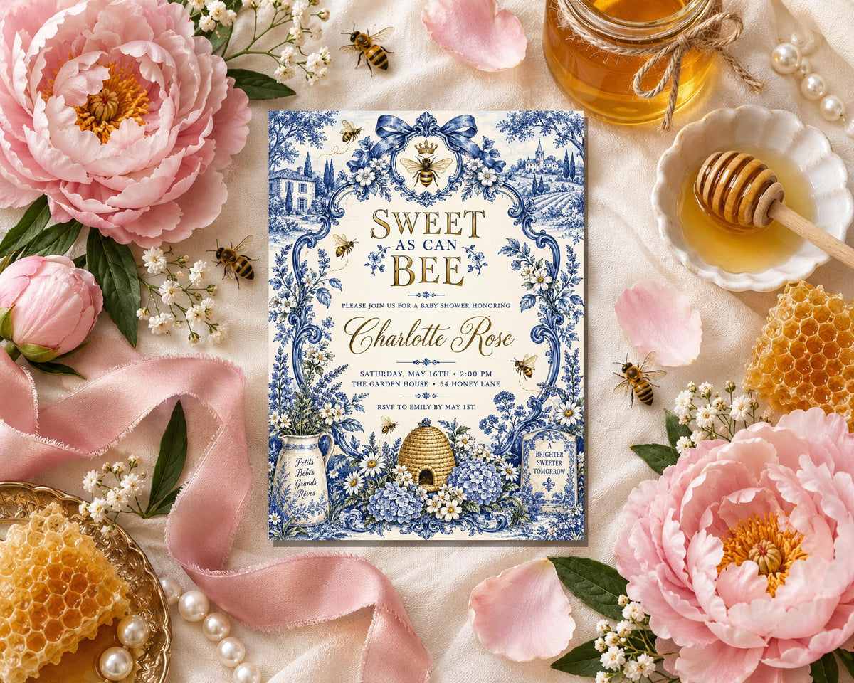a wedding invitation with a blue and white floral design, surrounded by various floral elements such as pink peonies, honeycombs, and honey.