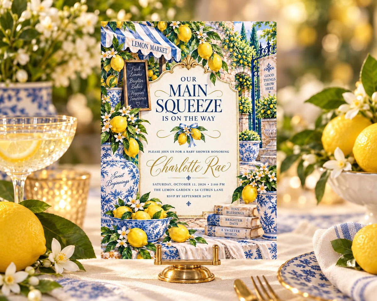 a wedding invitation card with a lemon theme, surrounded by various decorative elements such as flowers, lemons, and a glass of lemonade.