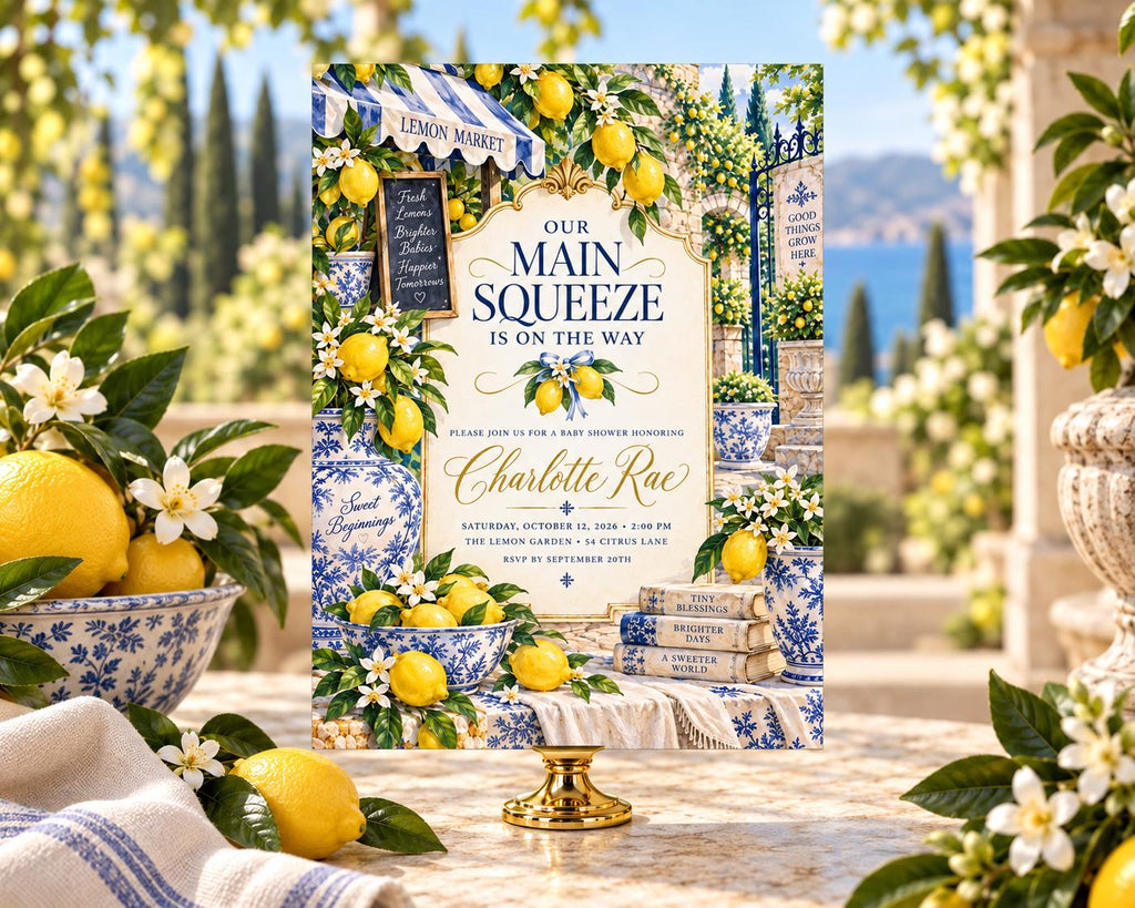 The image is a wedding invitation featuring a lemon-themed design with blue and white accents, surrounded by flowers and placed on a table with a vase of lemons.