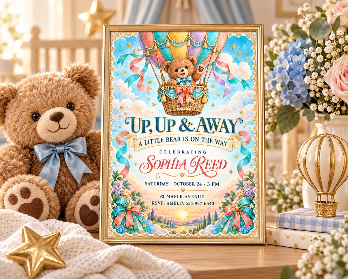 A framed baby shower invitation featuring a teddy bear and a hot air balloon, with a teddy bear sitting next to it.
