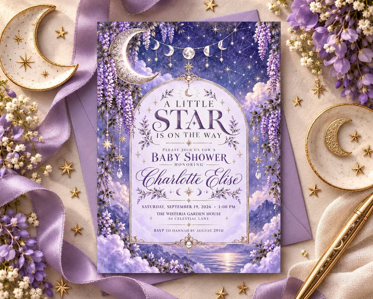 The image is a purple baby shower invitation featuring a night sky theme with stars, crescent moons, and flowers.