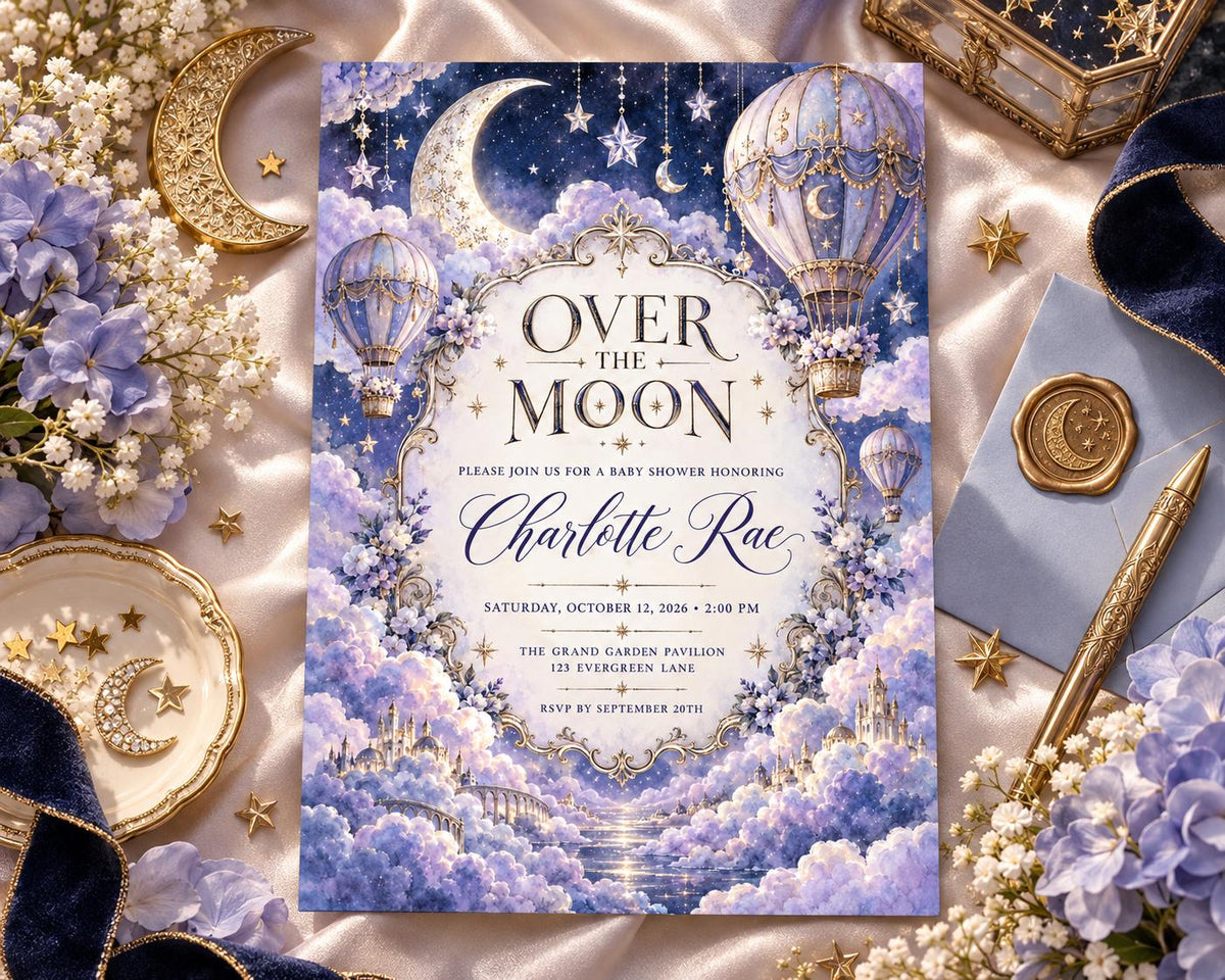 The image is a baby shower invitation featuring a night sky theme with clouds, stars, and hot air balloons. The invitation is for a baby shower for Charlotte Rae and is set against a purple and gold background.