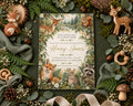 A forest-themed baby shower invitation featuring illustrations of various woodland animals, including a fox, deer, squirrel, and rabbit, surrounded by greenery and flowers.