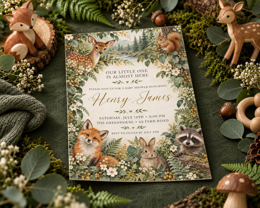 A forest-themed baby shower invitation featuring illustrations of deer, foxes, and rabbits, surrounded by greenery and pine cones.