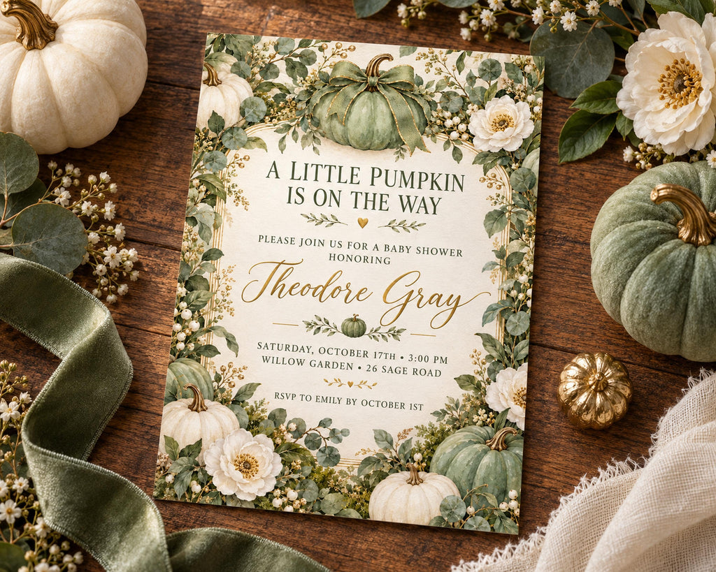 a baby shower invitation with a pumpkin theme, surrounded by white pumpkins, greenery, and other fall decorations.