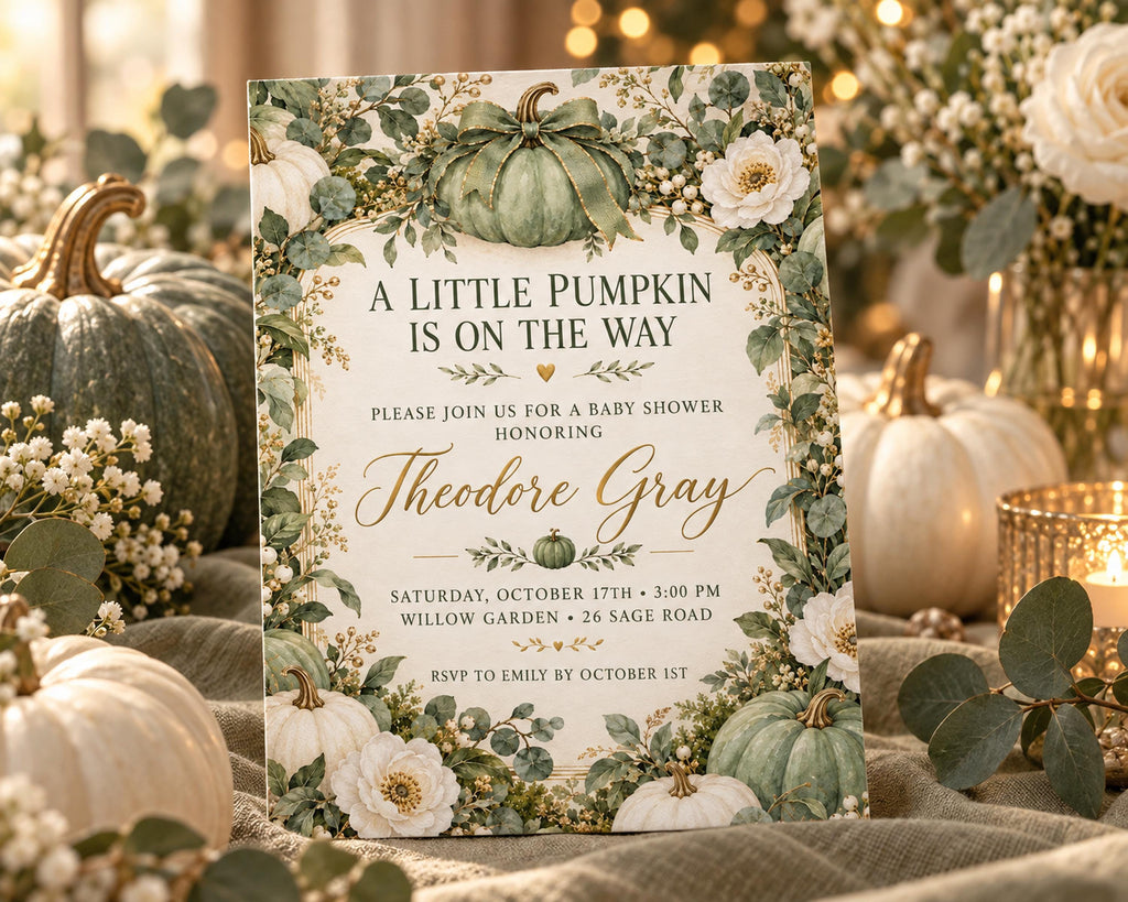a decorative invitation card with a pumpkin theme, surrounded by white pumpkins and greenery.