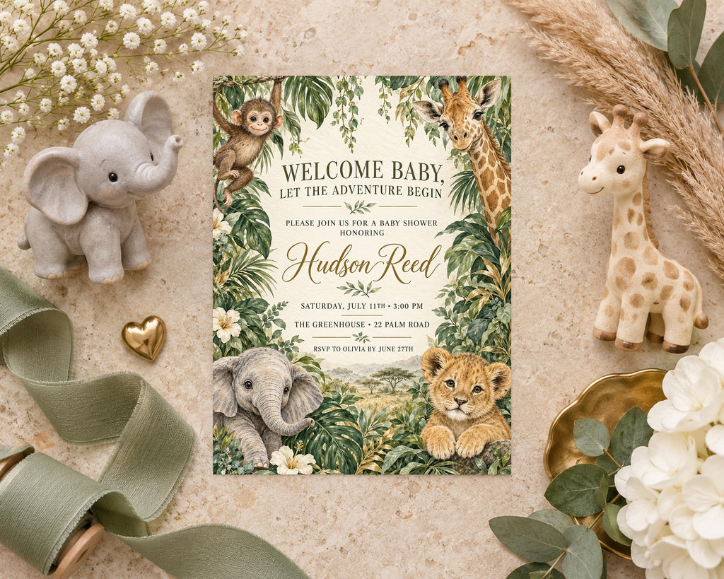 a baby shower invitation with illustrations of an elephant, monkey, giraffe, lion, and tiger, surrounded by greenery and flowers.