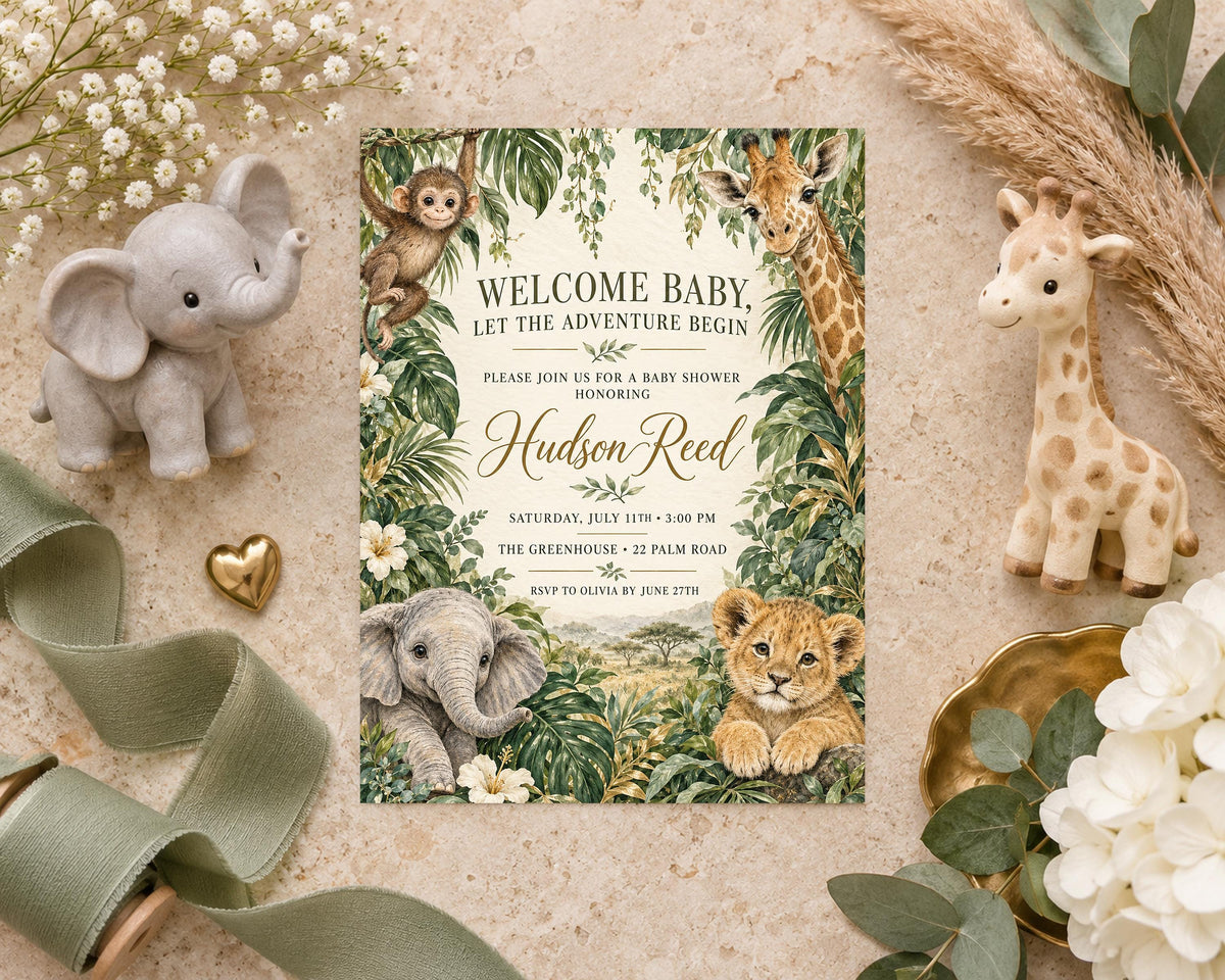 a baby shower invitation with illustrations of an elephant, monkey, giraffe, lion, and tiger, surrounded by greenery and flowers.
