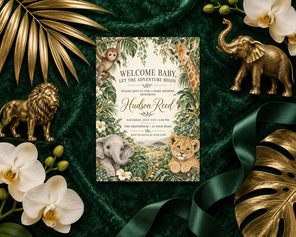 a welcome card for a baby shower, surrounded by various decorative elements such as a gold lion, gold elephant, white orchids, and a green ribbon.
