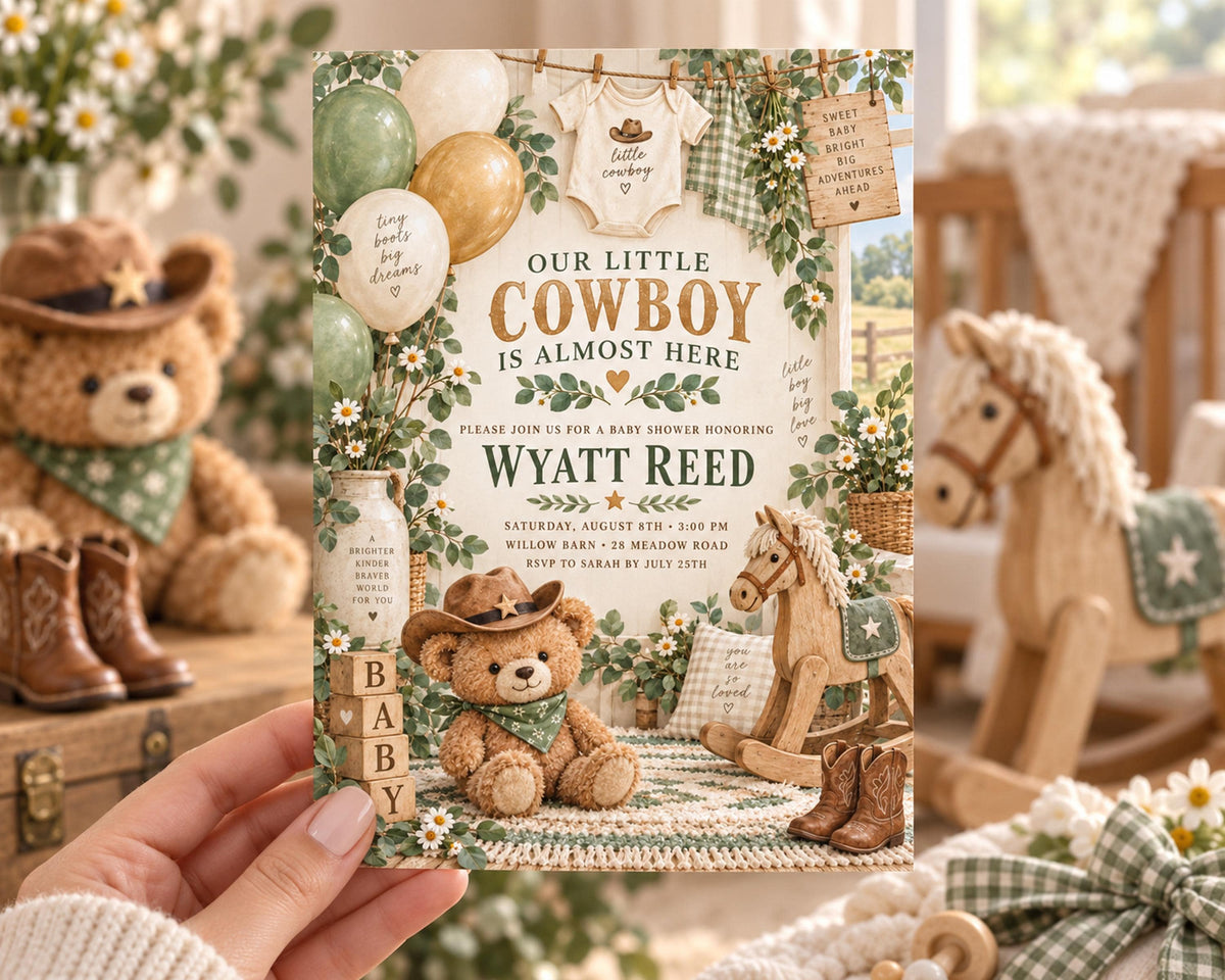 A hand holding a baby shower invitation featuring a cowboy theme with teddy bears, balloons, and baby clothes.