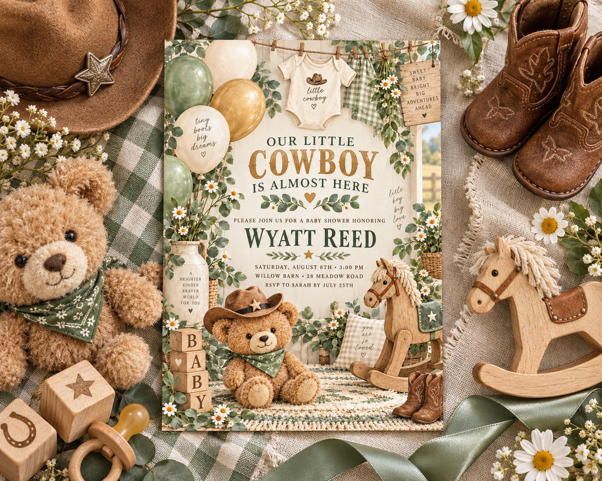 The image is a baby shower invitation featuring a cowboy theme, surrounded by various baby-related items such as a teddy bear, rocking horse, and boots.