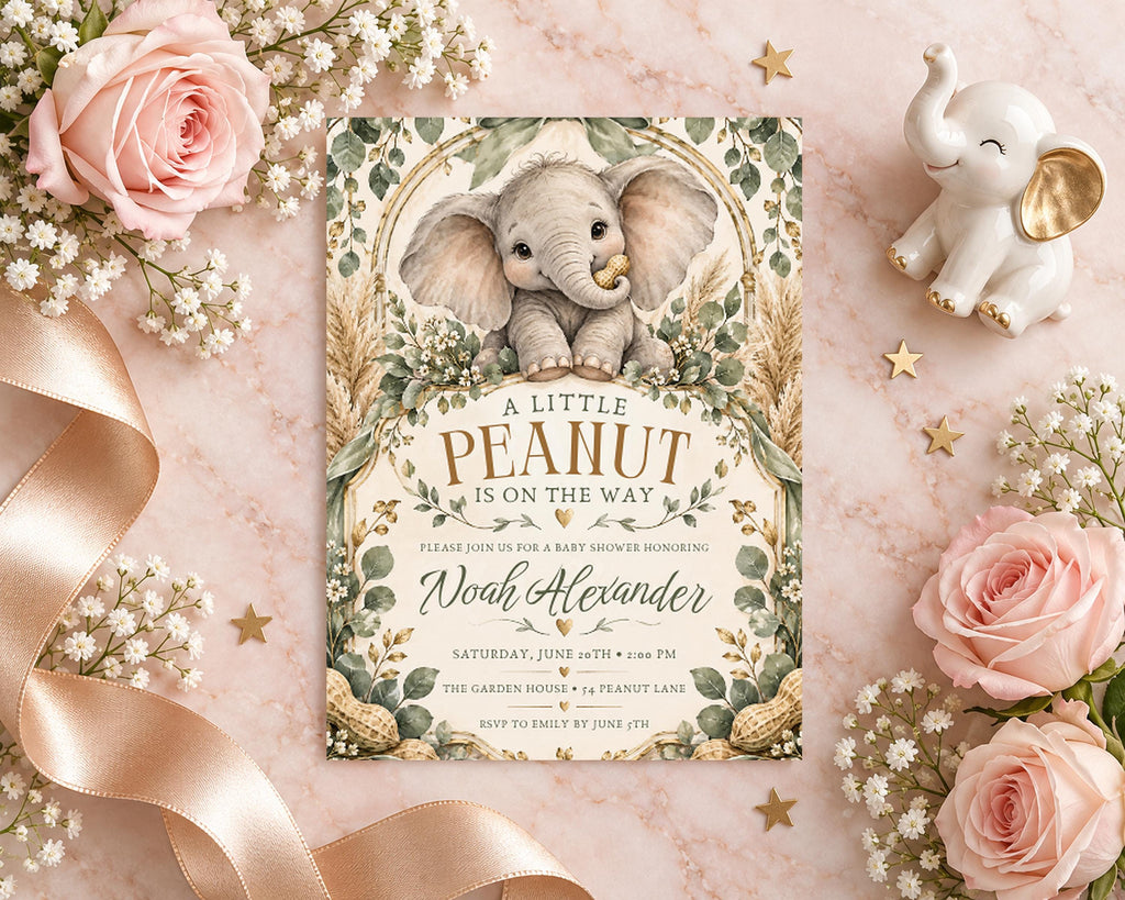 A baby shower invitation featuring an elephant illustration, surrounded by pink roses, a figurine, and gold stars.