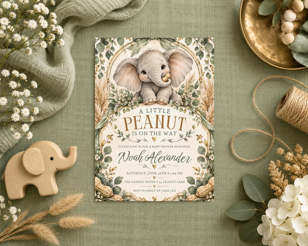 A baby elephant-themed invitation for a baby shower, featuring a wooden elephant and greenery, with a text that reads "A little peanut is on the way Noah Alexander".