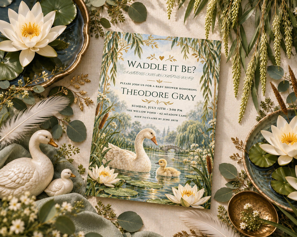 a wedding invitation with a nature-inspired design, surrounded by various decorative elements such as flowers, leaves, and ceramic figurines.