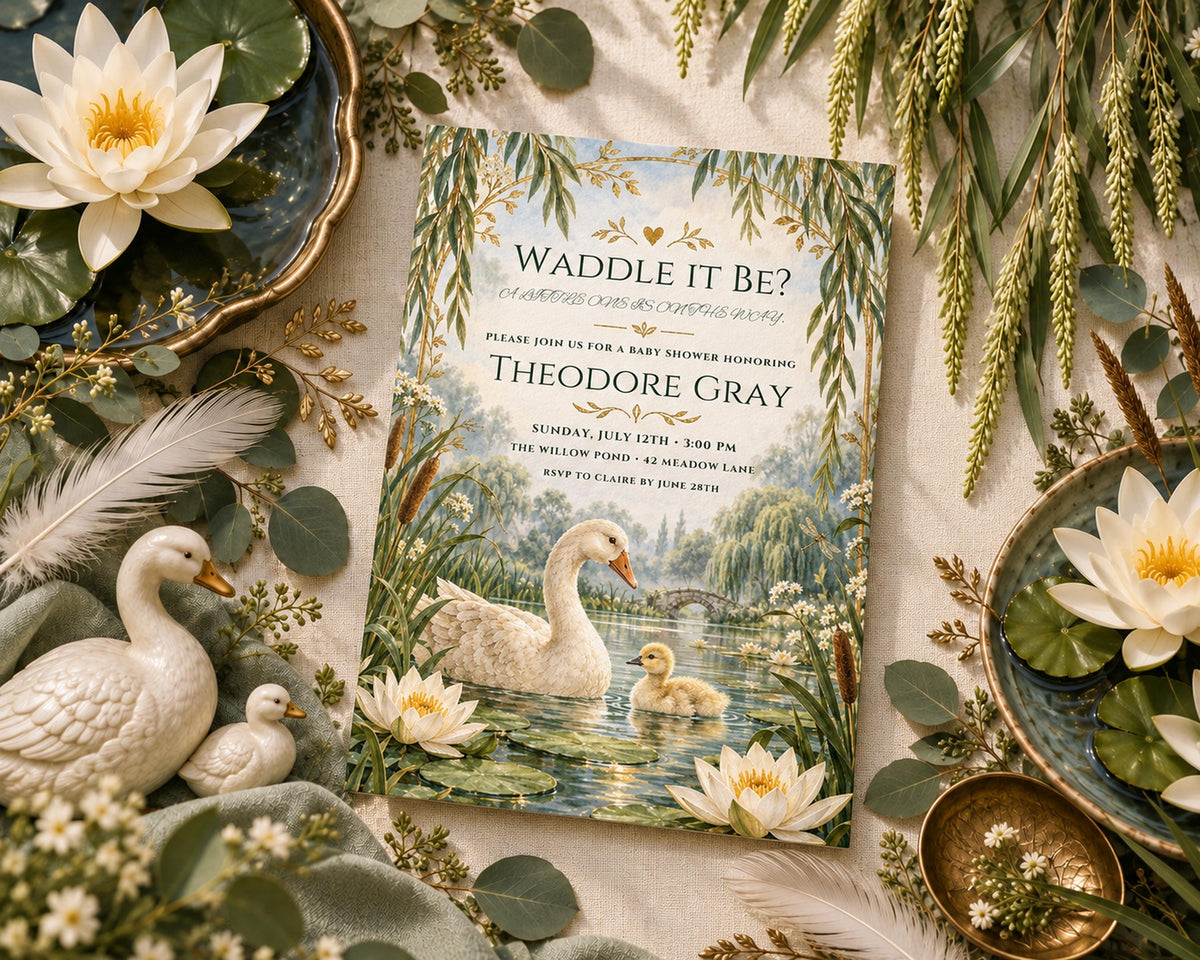 a wedding invitation with a nature-inspired design, surrounded by various decorative elements such as flowers, leaves, and ceramic figurines.