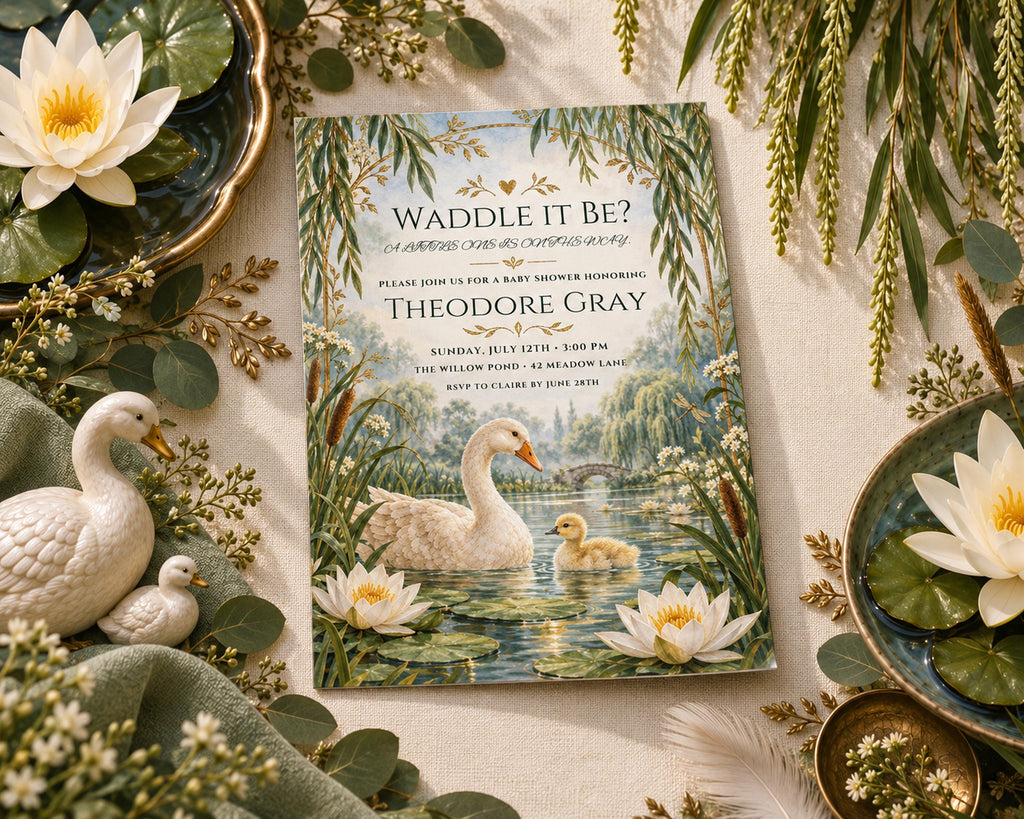 a birthday party invitation for Theodore Gray's baby shower, surrounded by various decorative elements such as flowers, leaves, and ceramic ducks.
