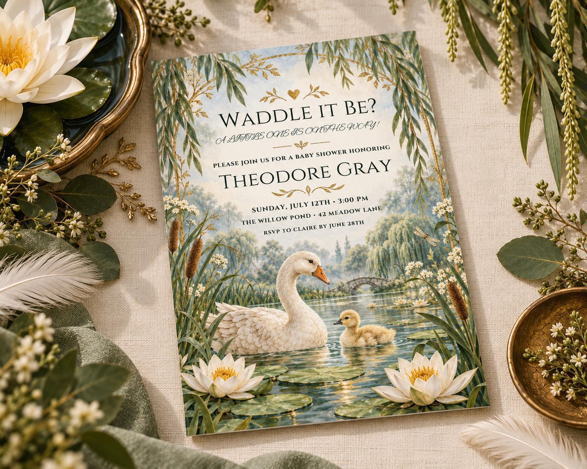 The image is a baby shower invitation featuring a serene scene of a mother duck and her ducklings swimming in a pond surrounded by flowers and greenery.