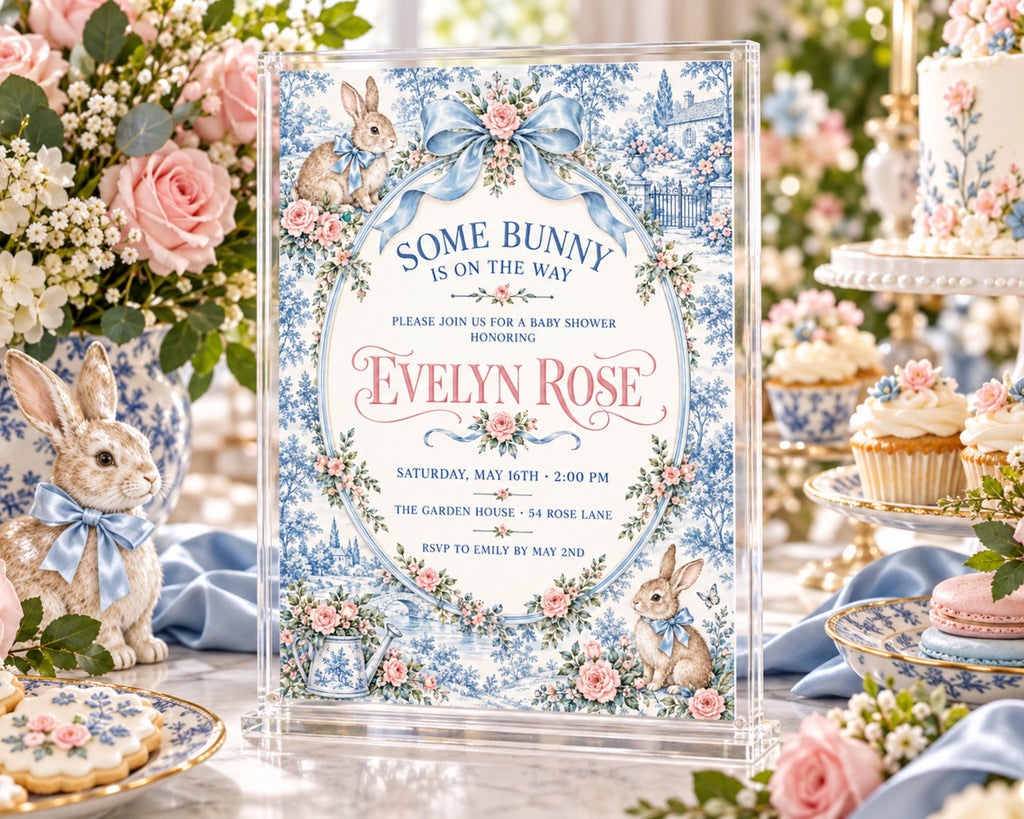 The image is a baby shower invitation featuring a blue and white floral design with illustrations of rabbits and a castle. The invitation is set against a backdrop of pink and white flowers, and the text invites guests to a baby shower for the baby named Evelyn Rose.