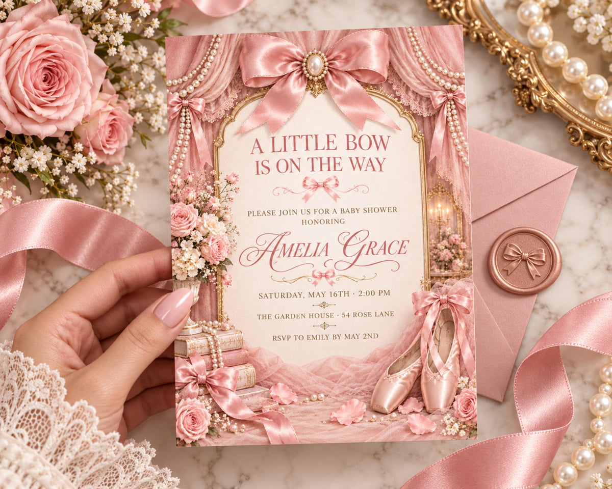 a pink invitation card with a decorative design, surrounded by pink flowers, pearls, and lace.