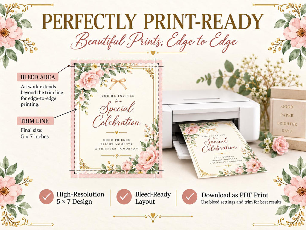The image is a promotional graphic for a printer that features a beautiful floral design, including a special occasion invitation.
