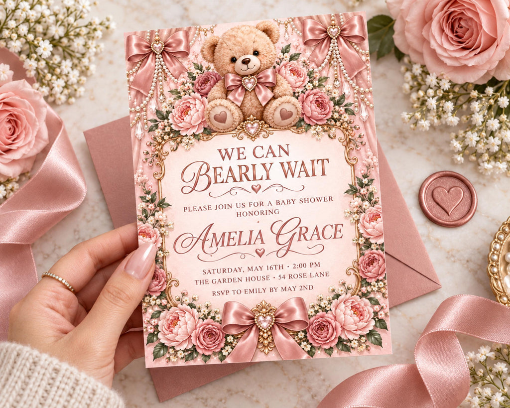 a pink invitation card with a teddy bear and floral decorations, placed on a pink surface with a rose and a ribbon.