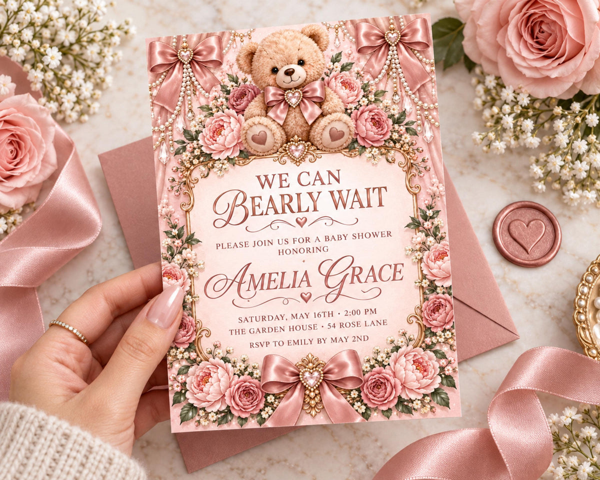 a pink invitation card with a teddy bear and floral decorations, placed on a pink surface with a rose and a ribbon.